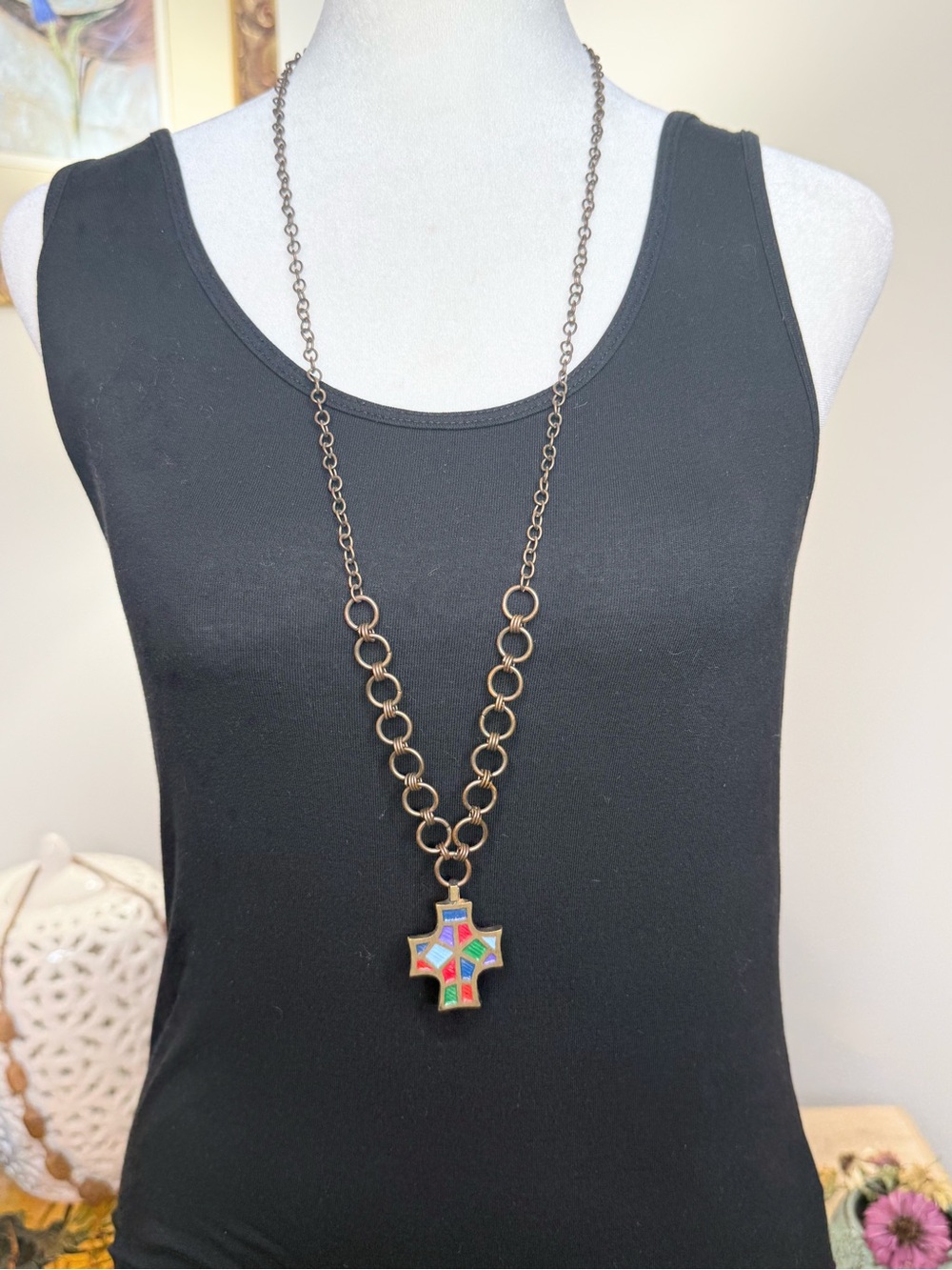 Vintage Terra Sancta Guild TSG Enamel Cross Necklace Multicolor Bronze Tone